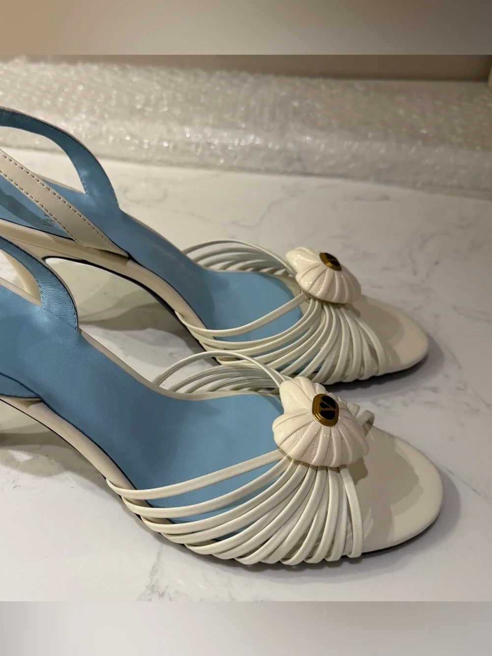 Ivory Strappy Slingback Heels with Heart Detail